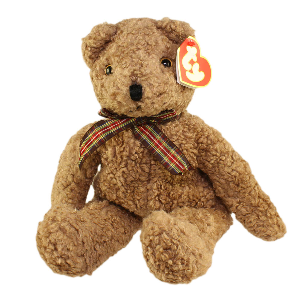 TY Classic Plush CURLY the Bear (Large Plaid Ribbon around