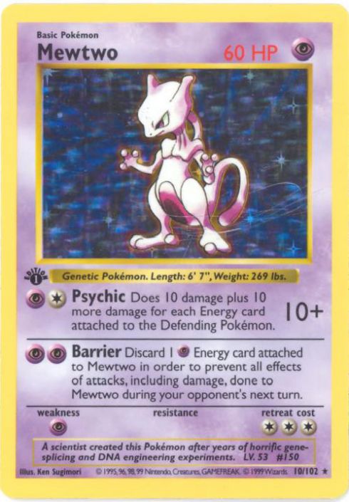 Pokemon Card - Base 10/102 - MEWTWO (holo-foil) *1st Edition* (Mint):  Sell2BBNovelties.com: Sell TY Beanie Babies, Action Figures, Barbies, Cards  & Toys selling online