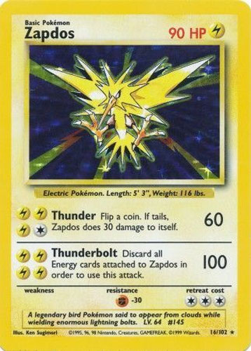 Pokemon Card - Base 16/102 - ZAPDOS (holo-foil) (Mint)