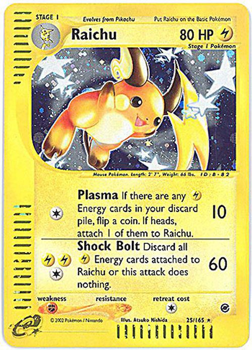 pokemon raichu holo card Buy Japanese Raichu-Holo 1996 TCG Base Set #026 Lightning Electromagnetic Induction Search your deck for up to 2 Lightning Energy cards and attach them to 1 of your Pokmon 2002 Nintendo Pokemon Expedition Raichu-Holo