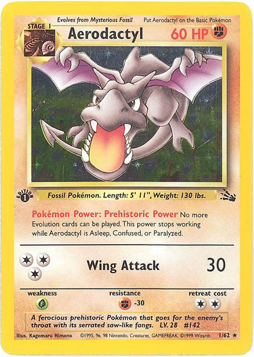 Pokemon Card - Fossil 1/64 - AERODACTYL (holo-foil) *1st Edition* (Mint):  Sell2BBNovelties.com: Sell TY Beanie Babies, Action Figures, Barbies, Cards  & Toys selling online