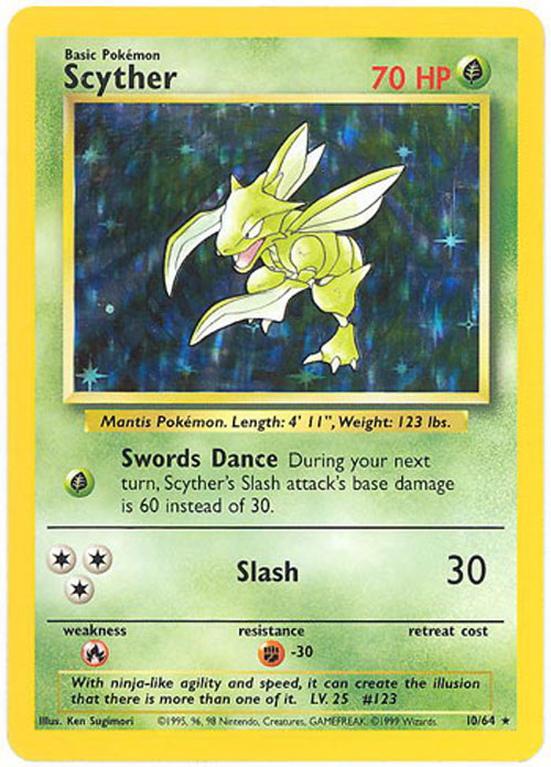 Pokemon Card - Jungle 10/64 - SCYTHER (holo-foil) *ERROR No Symbol* (Mint):  Sell2BBNovelties.com: Sell TY Beanie Babies, Action Figures, Barbies, Cards  & Toys selling online