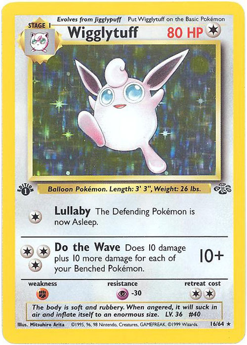 Pokemon Card - Jungle 16/64 - WIGGLYTUFF (holo-foil) *1st Edition* (Mint):  Sell2BBNovelties.com: Sell TY Beanie Babies, Action Figures, Barbies, Cards  & Toys selling online