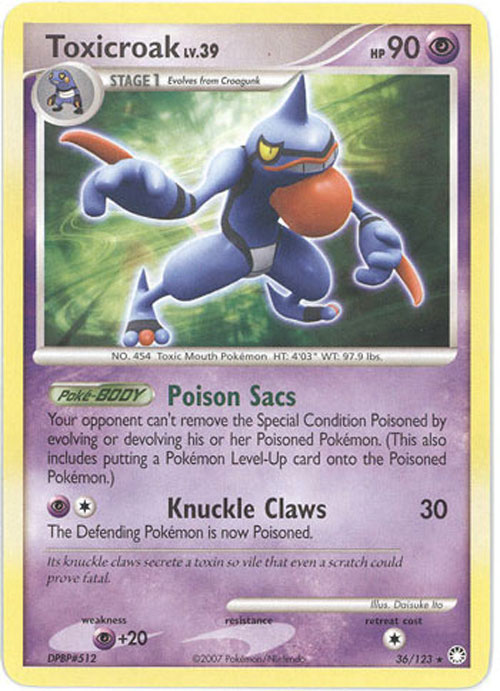 Pokemon Card - D&P: Mysterious Treasures 36/123 - TOXICROAK Lv.39 (rare)  (Mint): Sell2BBNovelties.com: Sell TY Beanie Babies, Action Figures,  Barbies, Cards & Toys selling online