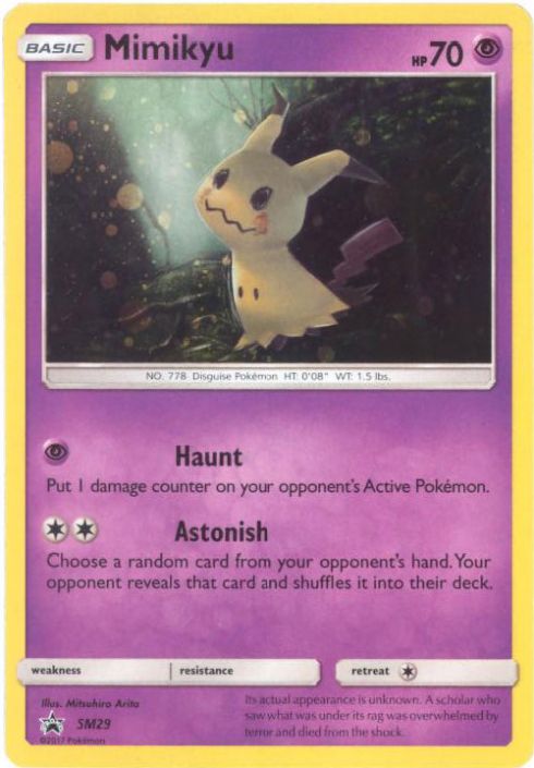 mimikyu holographic card Pokemon Promo #SM29 [Colorless] Impersonate Discard a Supporter card from your hand and use the effect of that card as the effect of this attack Team Rocket's Mimikyu Ascended Heroes