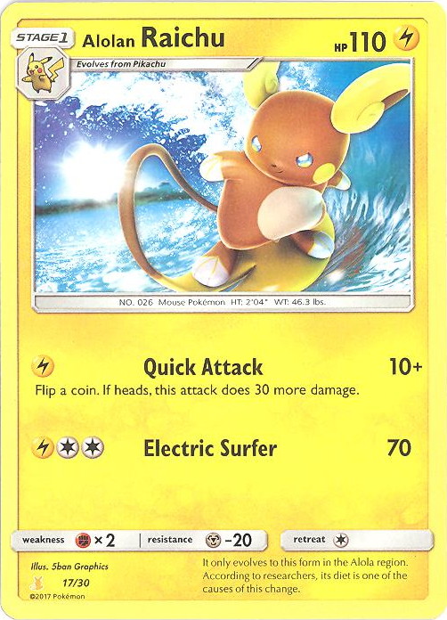 Pokemon Card Trainer Kit Promo #17/30 - ALOLAN RAICHU (non-holo) (Mint):  Sell2BBNovelties.com: Sell TY Beanie Babies, Action Figures, Barbies, Cards  & Toys selling online