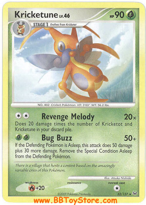Pokemon Card - Platinum 32/127 - KRICKETUNE Lv.46 (rare) (Mint): Sell2BBNovelties.com: Sell TY Beanie Babies, Action Figures, Barbies, Cards & Toys selling online Pokemon Card - Platinum 32/127 - KRICKETUNE Lv.46 (rare) (Mint): Sell2BBNovelties.com: Sell TY Beanie Babies, Action Figures, Barbies, Cards & Toys selling online