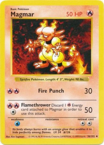 Pokemon Card - Base Set 36/102 - MAGMAR (uncommon) *Shadowless* (Mint):  Sell2BBNovelties.com: Sell TY Beanie Babies, Action Figures, Barbies, Cards  & Toys selling online