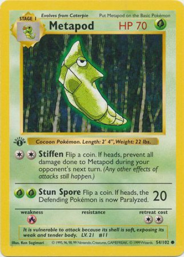 Pokemon Card - Base Set 54/102 - METAPOD (common) *1st Edition* (Mint): Sell2BBNovelties.com: Sell TY Beanie Babies, Action Figures, Barbies, Cards & Toys selling online Pokemon Card - Base Set 54/102 - METAPOD (common) *1st Edition* (Mint): Sell2BBNovelties.com: Sell TY Beanie Babies, Action Figures, Barbies, Cards & Toys selling online