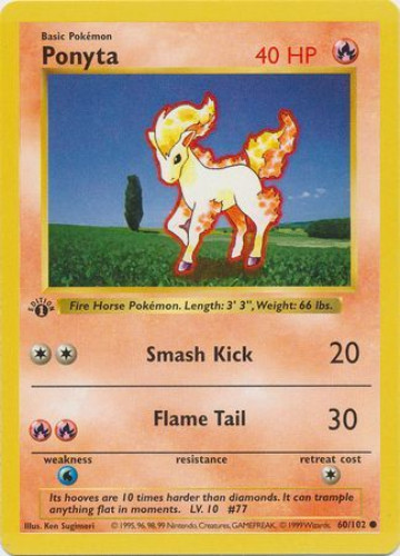Pokemon Card - Base Set 60/102 - PONYTA (common) *1st Edition* (Mint)