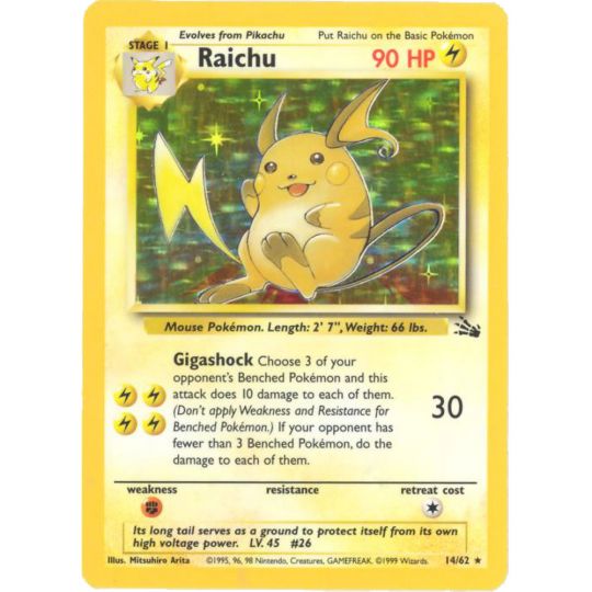 Pokemon Card - Fossil 14/62 - RAICHU (holo-foil) (Mint):  Sell2BBNovelties.com: Sell TY Beanie Babies, Action Figures, Barbies, Cards  & Toys selling online