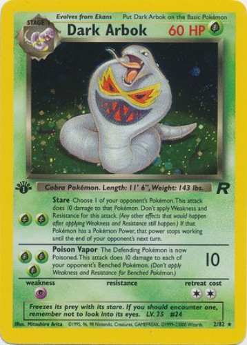 Pokemon Card - Team Rocket 2/82 - DARK ARBOK (holo-foil) *1st Edition* (Mint): Sell2BBNovelties.com: Sell TY Beanie Babies, Action Figures, Barbies, Cards & Toys selling online Pokemon Card - Team Rocket 2/82 - DARK ARBOK (holo-foil) *1st Edition* (Mint): Sell2BBNovelties.com: Sell TY Beanie Babies, Action Figures, Barbies, Cards & Toys selling online