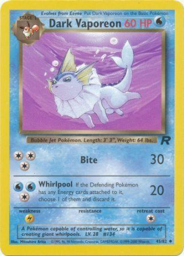 Pokemon Card - Team Rocket 45/82 - DARK VAPOREON (uncommon) (Mint):  Sell2BBNovelties.com: Sell TY Beanie Babies, Action Figures, Barbies, Cards  & Toys selling online