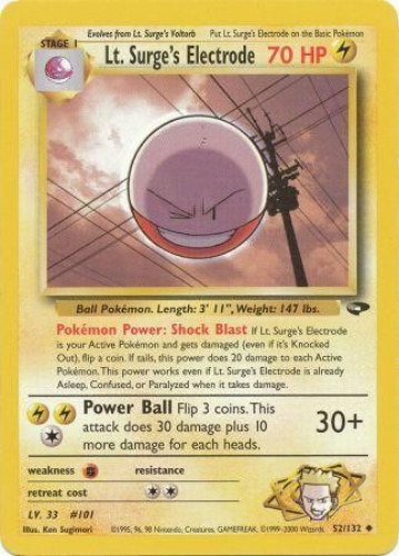 Pokemon Card - Gym Challenge 52/132 - LT. SURGE'S ELECTRODE (uncommon)  (Mint): Sell2BBNovelties.com: Sell TY Beanie Babies, Action Figures,  Barbies, Cards & Toys selling online
