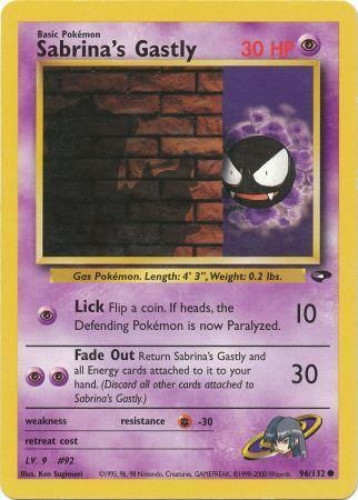 Pokemon Card - Gym Challenge 96/132 - SABRINA'S GASTLY (common) (Mint):  Sell2BBNovelties.com: Sell TY Beanie Babies, Action Figures, Barbies, Cards  & Toys selling online