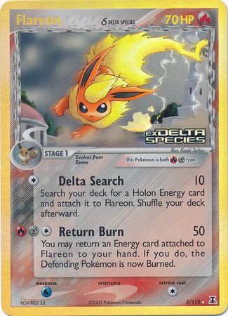 Pokemon Card - Delta Species 5/113 - FLAREON (reverse holo) (Mint):  Sell2BBNovelties.com: Sell TY Beanie Babies, Action Figures, Barbies, Cards  & Toys selling online