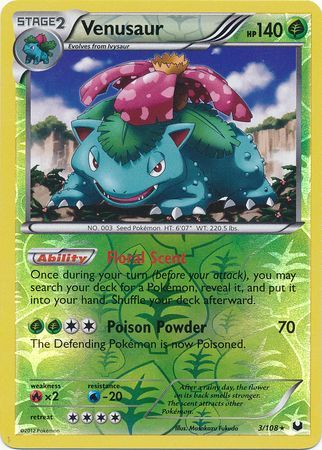 Pokemon Card - B&W: Dark Explorers 3/108 - VENUSAUR (reverse holo) (Mint):  Sell2BBNovelties.com: Sell TY Beanie Babies, Action Figures, Barbies, Cards  & Toys selling online