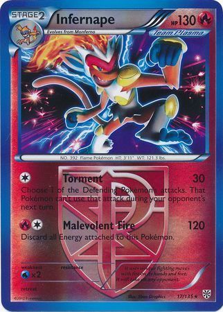 Pokemon Card - B&W: Plasma Storm 17/135 - INFERNAPE (reverse holo) (Mint):  Sell2BBNovelties.com: Sell TY Beanie Babies, Action Figures, Barbies, Cards  & Toys selling online