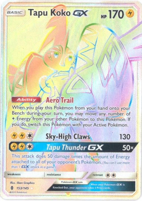 Pokemon Card - S&M: Guardians Rising 153/145 - TAPU KOKO GX (hyper rare  holo-foil) (Mint): Sell2BBNovelties.com: Sell TY Beanie Babies, Action  Figures, Barbies, Cards & Toys selling online