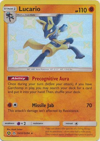 Pokemon Card - Hidden Fates SV22/SV94 - LUCARIO (shiny - holo-foil) (Mint):  Sell2BBNovelties.com: Sell TY Beanie Babies, Action Figures, Barbies, Cards  & Toys selling online