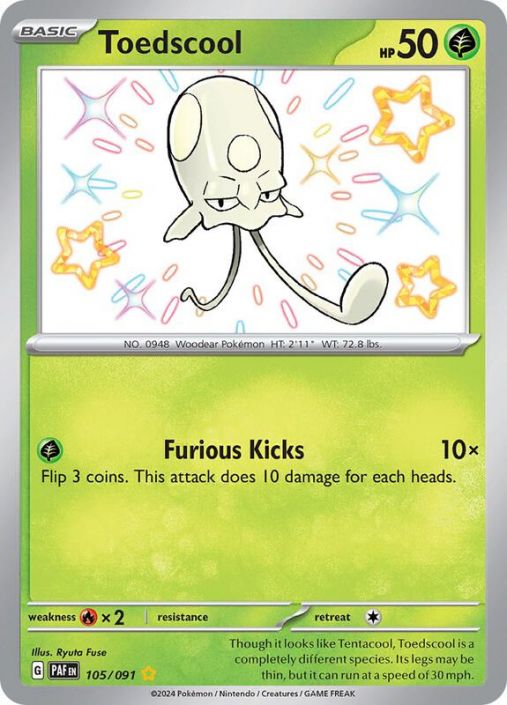 Pokemon Card - S&V: Paldean Fates 105/091 - TOEDSCOOL (shiny rare) (Mint):  Sell2BBNovelties.com: Sell TY Beanie Babies, Action Figures, Barbies, Cards  & Toys selling online