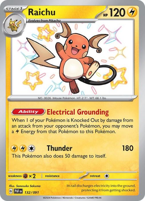 Pokemon Card - S&V: Paldean Fates 132/091 - RAICHU (shiny rare) (Mint):  Sell2BBNovelties.com: Sell TY Beanie Babies, Action Figures, Barbies, Cards  & Toys selling online