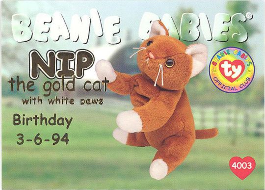 - NIP the Gold Cat NM/M Series 1 Birthday TY Beanie Babies BBOC Card RED 