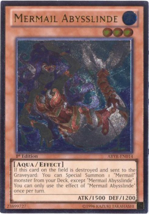 Yu-Gi-Oh Card - ABYR-EN014 - MERMAIL ABYSSLINDE (ultimate rare holo)  (Mint): Sell2BBNovelties.com: Sell TY Beanie Babies, Action Figures,  Barbies, Cards & Toys selling online