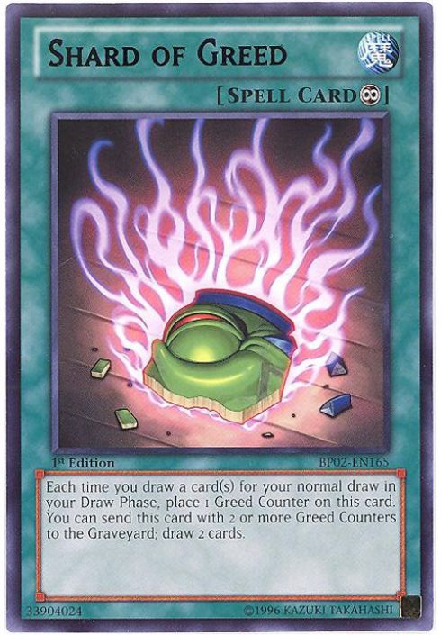 Yu-Gi-Oh Card - BP02-EN165 - SHARD OF GREED (rare) (Mint):  Sell2BBNovelties.com: Sell TY Beanie Babies, Action Figures, Barbies, Cards  & Toys selling online
