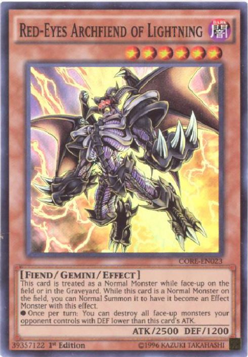 Yu-Gi-Oh Card - CORE-EN023 - RED-EYES ARCHFIEND OF LIGHTNING (super rare  holo) (Mint): Sell2BBNovelties.com: Sell TY Beanie Babies, Action Figures,  Barbies, Cards & Toys selling online