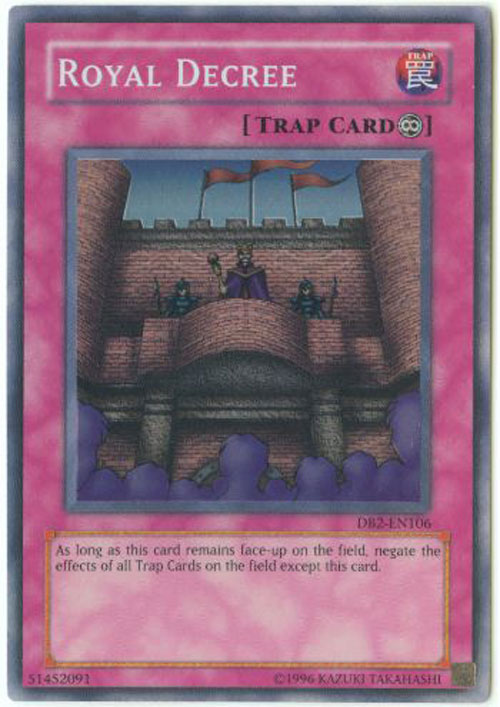 Yu-Gi-Oh Card - DB2-EN106 - ROYAL DECREE (super rare holo) (Mint):  Sell2BBNovelties.com: Sell TY Beanie Babies, Action Figures, Barbies, Cards  & Toys selling online