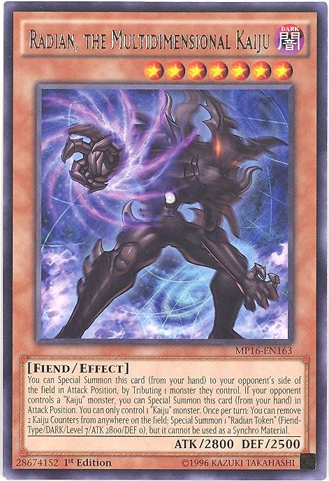 Yu-Gi-Oh Card - MP16-EN163 - RADIAN, THE MULTIDIMENSIONAL KAIJU (rare)  (Mint): Sell2BBNovelties.com: Sell TY Beanie Babies, Action Figures,  Barbies, Cards & Toys selling online