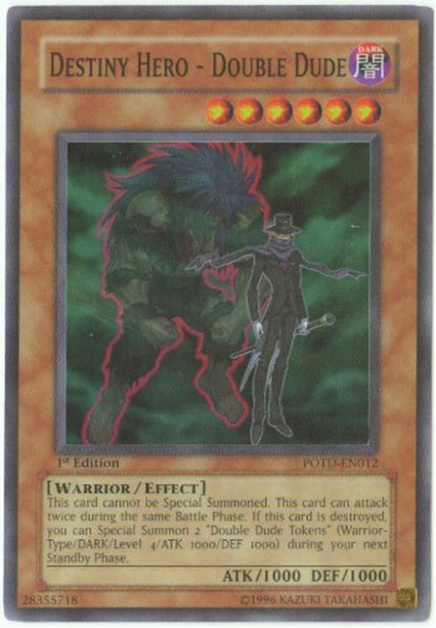 Yu-Gi-Oh Card - POTD-EN012 - DESTINY HERO - DOUBLE DUDE (super rare holo) (Mint): Sell2BBNovelties.com: Sell TY Beanie Babies, Action Figures, Barbies, Cards & Toys selling online Yu-Gi-Oh Card - POTD-EN012 - DESTINY HERO - DOUBLE DUDE (super rare holo) (Mint): Sell2BBNovelties.com: Sell TY Beanie Babies, Action Figures, Barbies, Cards & Toys selling online