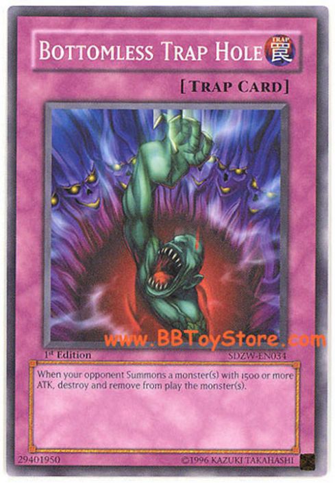 Yu-Gi-Oh Card - SDZW-EN034 - BOTTOMLESS TRAP HOLE (common) (Mint):  Sell2BBNovelties.com: Sell TY Beanie Babies, Action Figures, Barbies, Cards  & Toys selling online