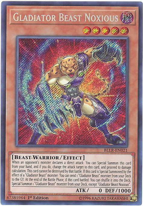 Yu-Gi-Oh Card - BLLR-EN021 - GLADIATOR BEAST NOXIOUS (secret rare holo) (Mint): Sell2BBNovelties.com: Sell TY Beanie Babies, Action Figures, Barbies, Cards & Toys selling online Yu-Gi-Oh Card - BLLR-EN021 - GLADIATOR BEAST NOXIOUS (secret rare holo) (Mint): Sell2BBNovelties.com: Sell TY Beanie Babies, Action Figures, Barbies, Cards & Toys selling online
